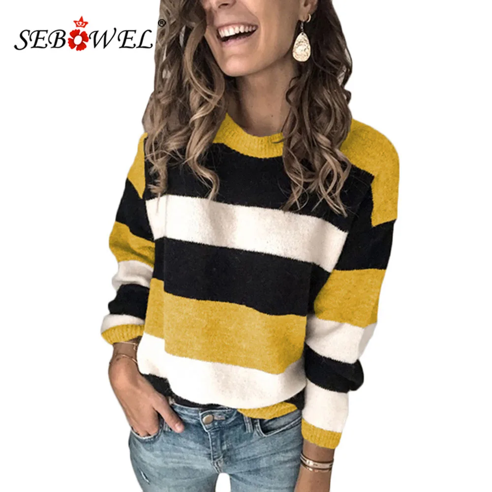 SEBOWEL Casual 2020 Autumn Winter Women's Loose Style Contrast Color Striped Sweater Tops Lady Female Knitted Pullovers Sweaters
SEBOWEL Casual 2020 Autumn Winter Women's Loose Style Contrast Color Striped Sweater Tops Lady Female Knitted Pullovers Sweaters