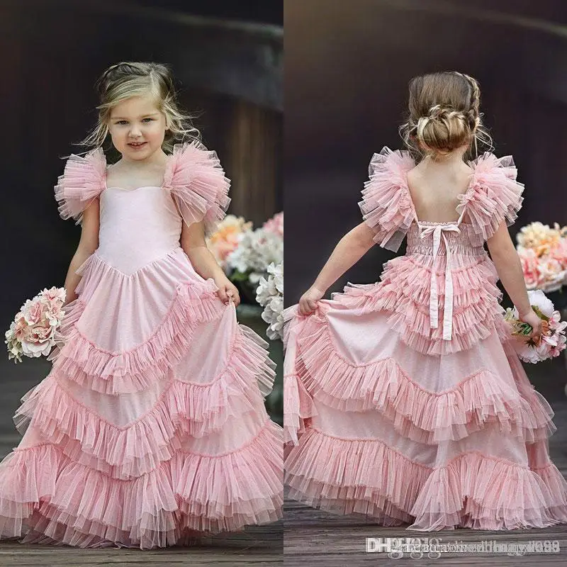 

Flower Girls Dresses For Weddings Jewel Neck Pink Appliques Bow Tiered Sweep Train Butterfly Birthday Children Girl Pageant Gown