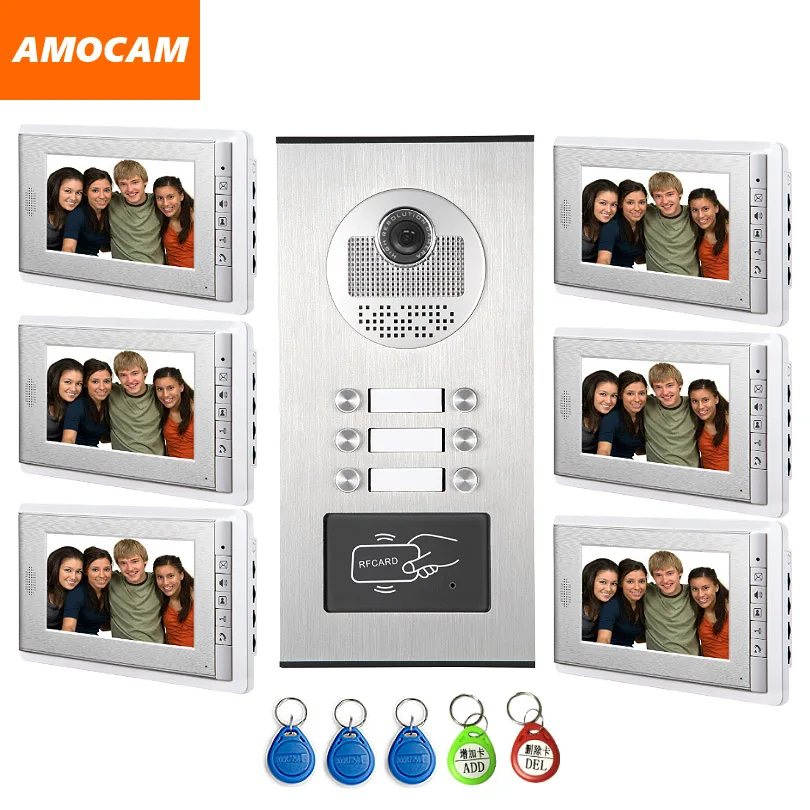 

6 Units Video Intercom Apartment Door Phone System HD Camera 7" Monitor video Doorbell with 5-RFID Card Unlock for 6 Household