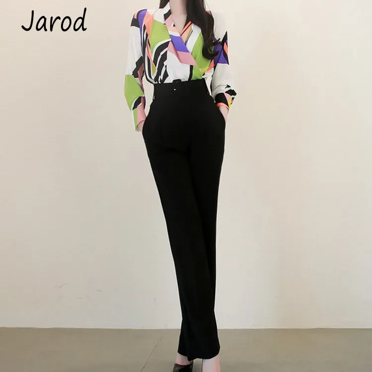 2019 Spring Autumn 2 Pieces Set Women printing V-Neck chiffon Shirt Top + High Waist Black OL Long pants New Work Wear Suits
2019 Spring Autumn 2 Pieces Set Women printing V-Neck chiffon Shirt Top + High Waist Black OL Long pants New Work Wear Suits