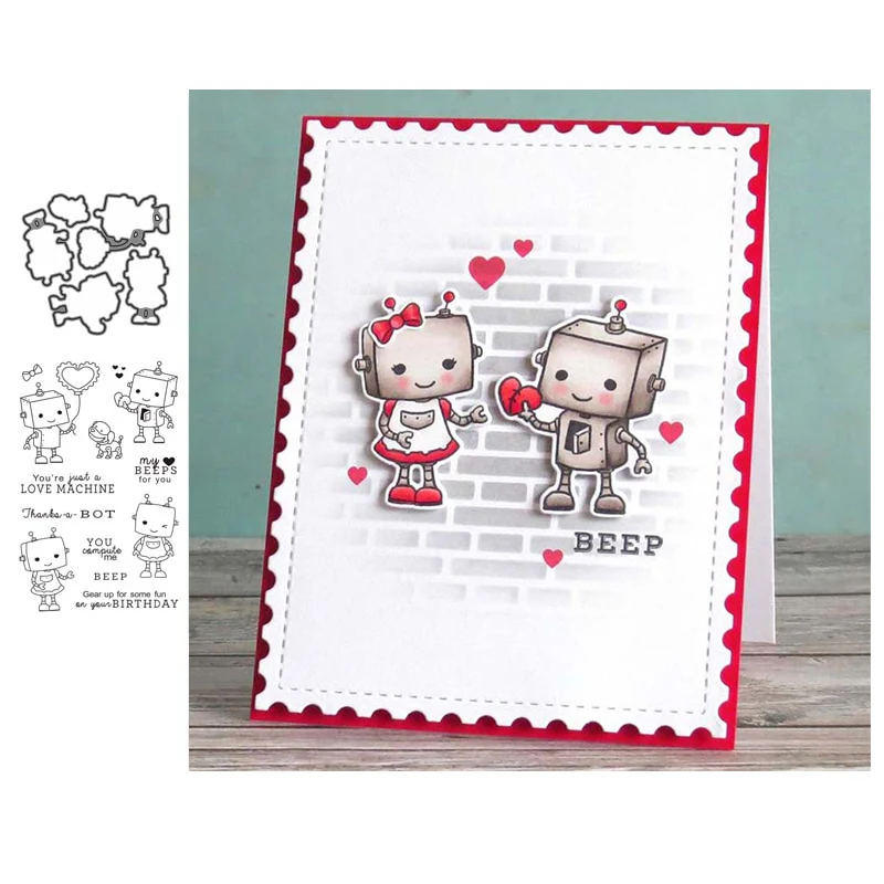 

JC Metal Cutting Dies and Rubber Stamps Robot Love for Scrapbooking Craft Die Cut Stencil Card Make Album Sheet Mould Decoration