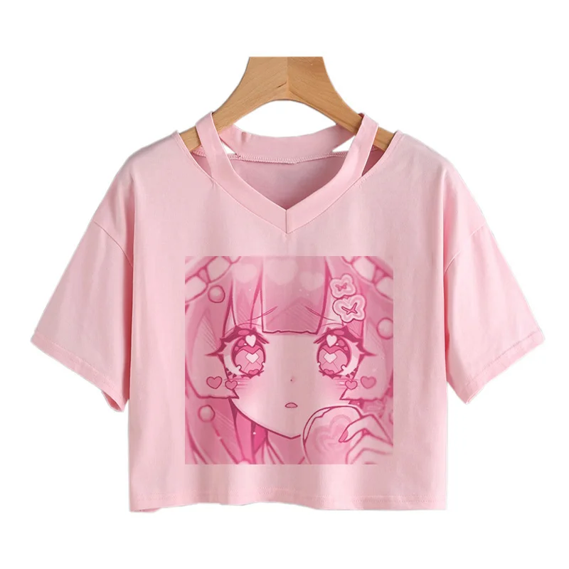 Женская футболка с коротким рукавом летняя свободная розовая аниме-принтом и