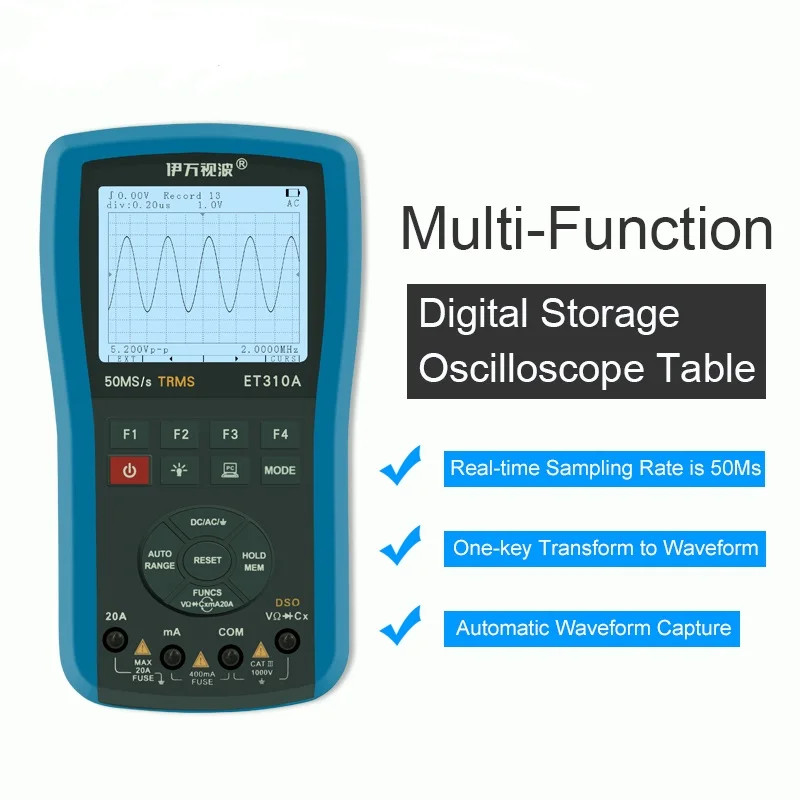 Ivan ET310A 10M 50Msps Digital Handheld Storage Analog Oscilloscope ScopeMeter TRMS Multimeter Automatic Measurements
Ivan ET310A 10M 50Msps Digital Handheld Storage Analog Oscilloscope ScopeMeter TRMS Multimeter Automatic Measurements