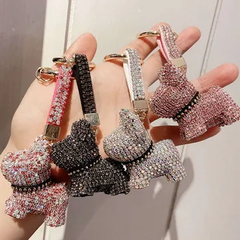 

Luxury Crystal French Bulldog Keychain Lanyard Rhinestone Leather Strap Dog Keychains Women Bag Charms Men Car Key Ring Jewelry