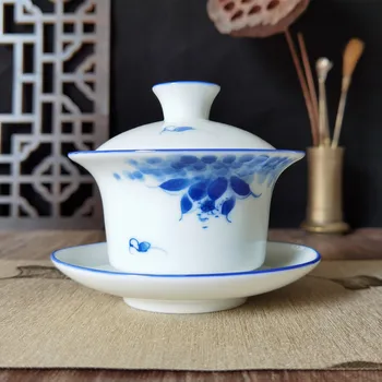

Chinese Teacup Gaiwan Kung Fu Tea Set 5 Ounce Blue and White Porcelain Mug Jingdezhen Qinghua Ceramic Drinkware Glazed Smooth