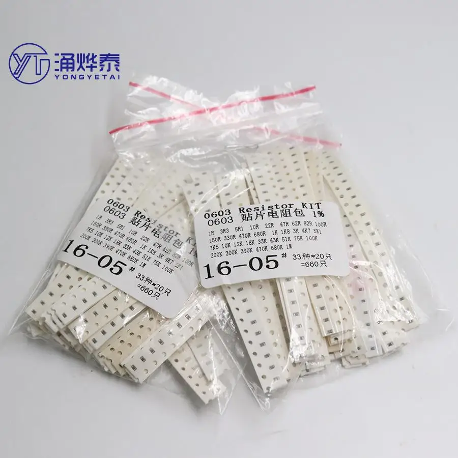Набор резисторов TAI 0603 SMD, набор в ассортименте, 1 Ом-1М Ом 1% 33valuesx20 шт. = 660 шт. набор образцов 
Набор резисторов TAI 0603 SMD, набор в ассортименте, 1 Ом-1М Ом 1% 33valuesx20 шт. = 660 шт. набор образцов