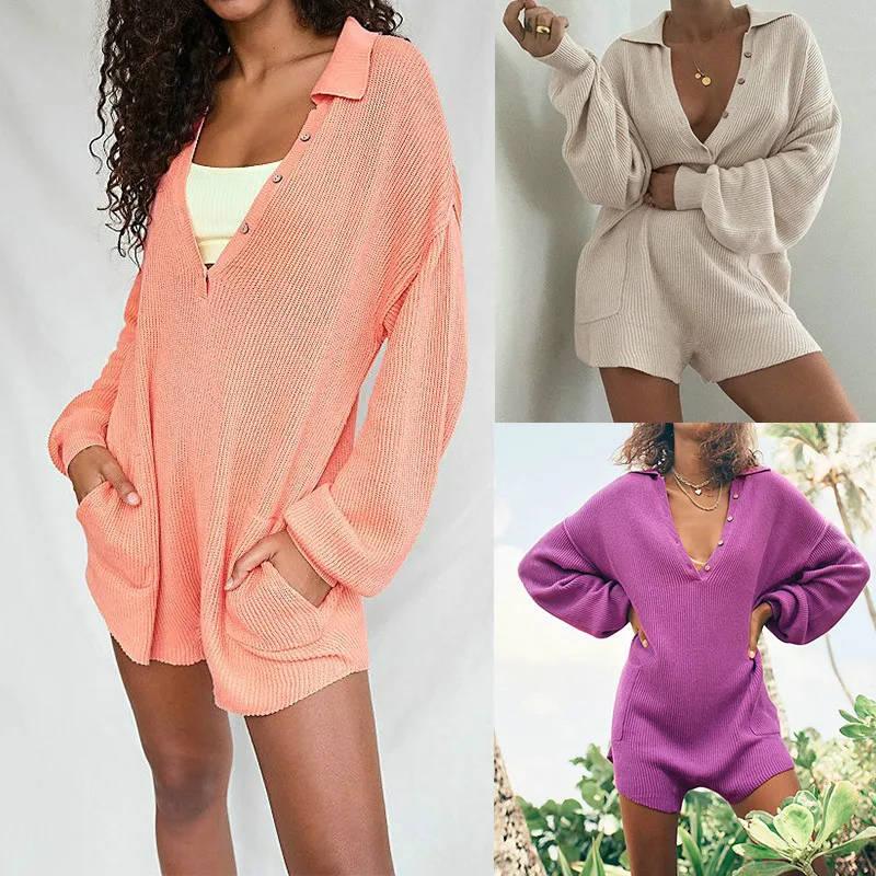 

Women Summer Playsuit Low Cut Loose Solid Knitting Suit Female Fashion Long Sleeve V-Neck Casual Polyester Romper Jumpsuit S-XL