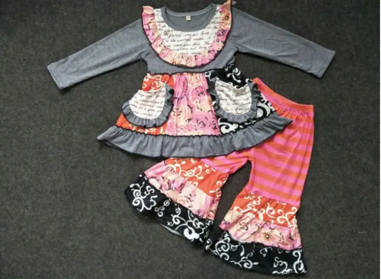 

Wholesale/retail flower outfit baby girls pockets long sleeve top+ruffle flare pants 2 pcs set kid autumn children clothing gxj