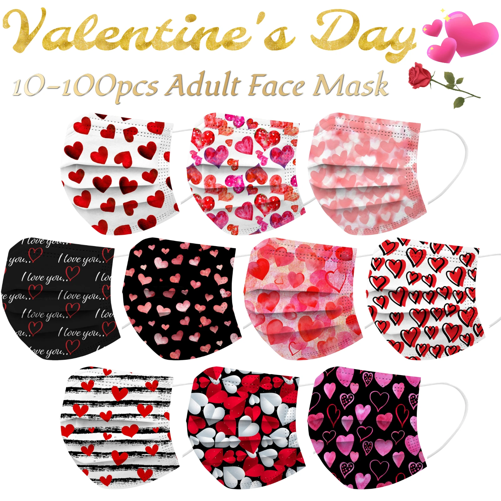 10-100PCS Valentine's Day Disposable Mask Safety Unisex Men Women Adult Masks Love Heart Print Valentine Gift 2022 Face | Красота и