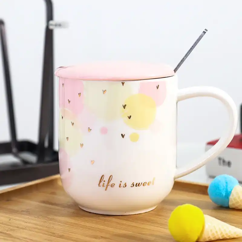 coffee mug with lid spoon ceramic tea cup gift for women mother