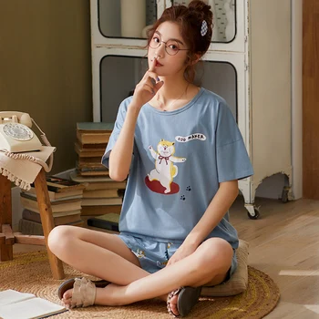 luckymily M-XXL Summer Women Cotton Sleepwear Sets Blue Pajamas Lovely Lady Home Wear Soft Nightwear Short Sleeves Pyjamas Set 
luckymily M-XXL Summer Women Cotton Sleepwear Sets Blue Pajamas Lovely Lady Home Wear Soft Nightwear Short Sleeves Pyjamas Set