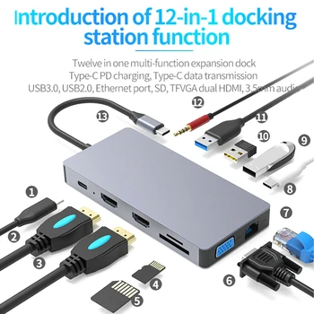 Newest USB Type C Hub Adapter 12 In 1 Dual USB Type C Dock For MacBook Pro With 4K HDMI USB C USB3.0 SD/MicroSD Card Reader
Newest USB Type C Hub Adapter 12 In 1 Dual USB Type C Dock For MacBook Pro With 4K HDMI USB C USB3.0 SD/MicroSD Card Reader