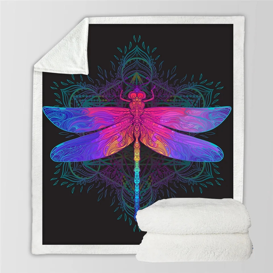 dragonfly mandala sherpa blanket colorful bedspread boho purple