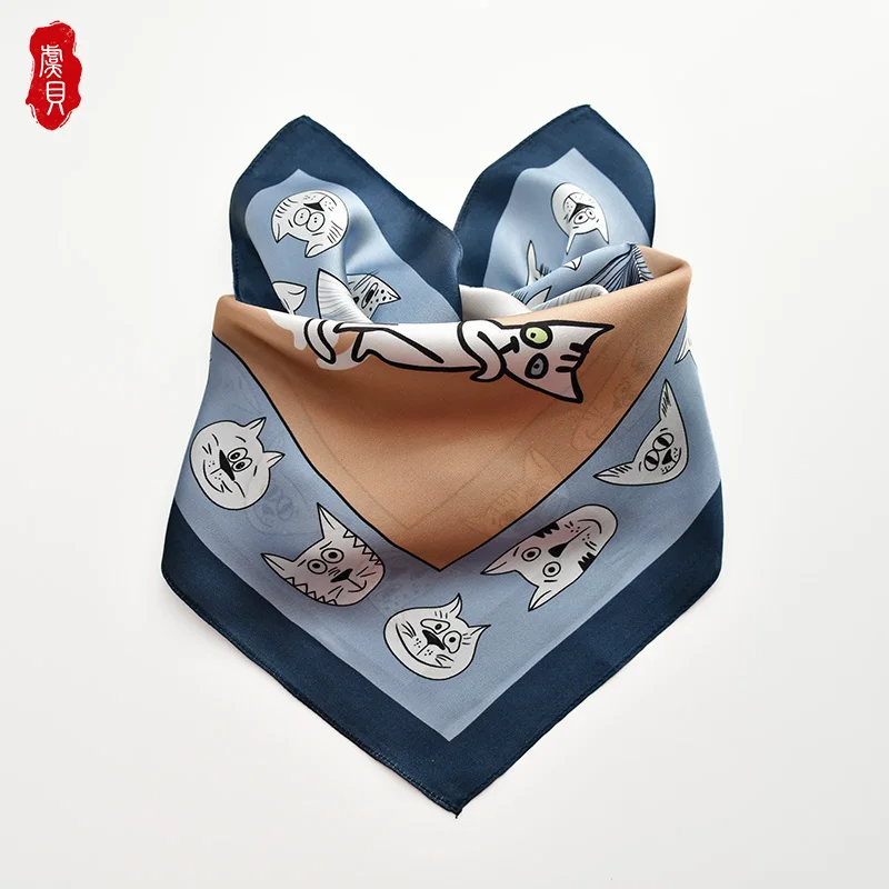 

Sky blue lovely cat natural silk satin scarf women 100% real silk scarves child 50cm small square headband cute wrap ladies gift