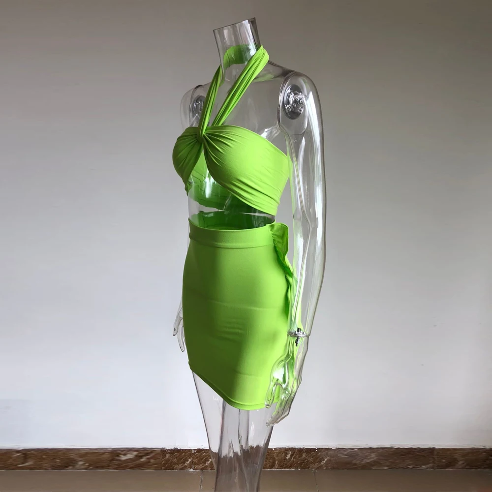 KGFIGU 2020 New Arrival Solid color sexy suspender wrapped chest strap tight lifting hip Mini Skirt Suit