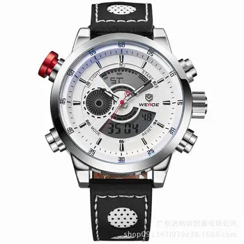 WEIDE Military Men Sports Business Quartz Watch Leather Strap Alarm Repeater Calendar Waterproof Luminous Wristwatch Relogio