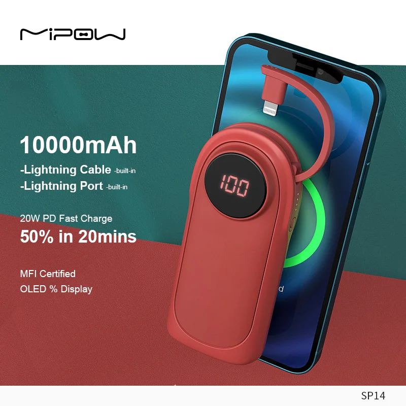 

MIPOW PowerBank MFi Certified Built-in Lightning Cable For iPhone 10000mA Digital Display Portable Battery Charger Fast Charging