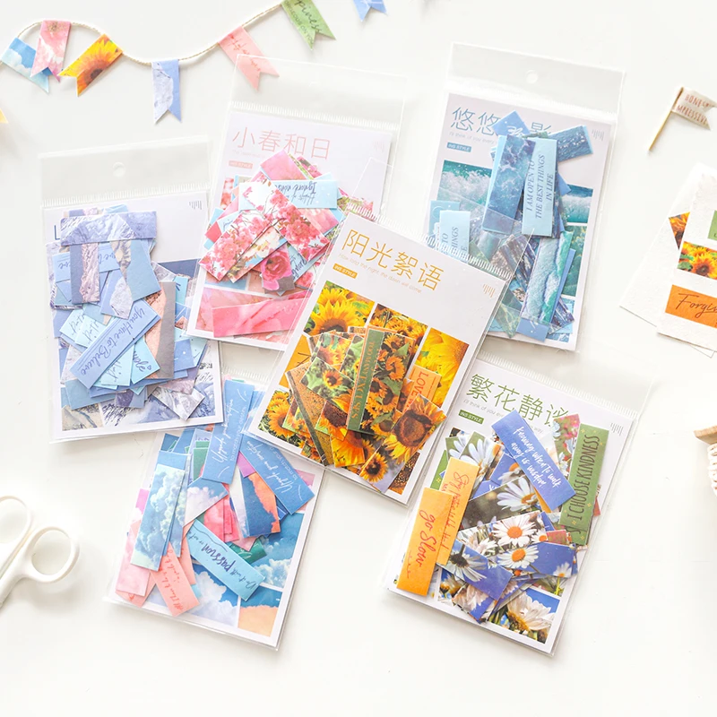 60pcs Nature Trail Stickers Set INS Lettering Mountain Sea Sunflower Daisy Cherry Flower Sticker Diary Decoration Adhesive F838 |
