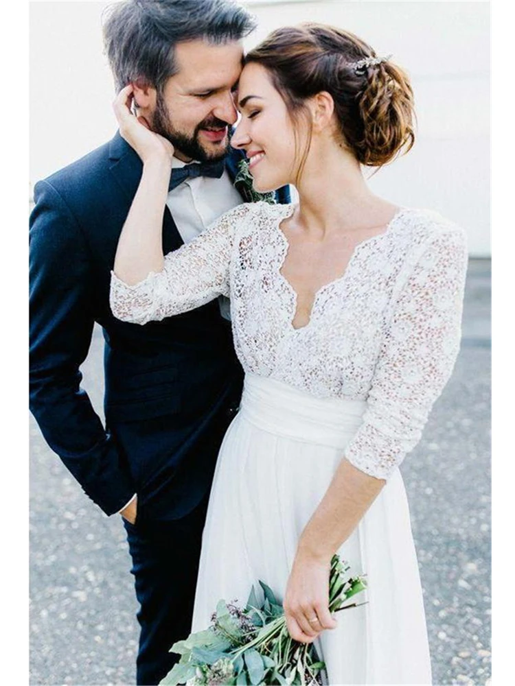 casamento gelinlik Boho Lace Chiffon Wedding Dresses Sexy Open Back Bride Wedding Gowns Long Sleeves Bohemia Beach Wedding Dress (6)