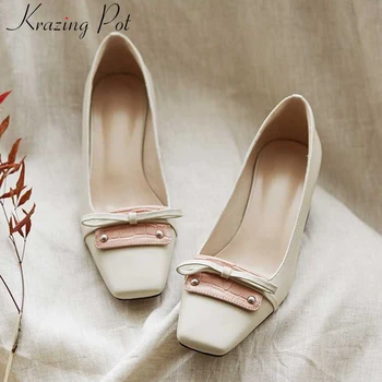 Krazing pot elegant genuine leather slip on shoes bowtie office lady dress square toe high heels women solid basic pumps L11
Krazing pot elegant genuine leather slip on shoes bowtie office lady dress square toe high heels women solid basic pumps L11