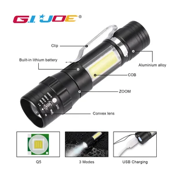 Mini led flashlight Portable lamp With hook clip 3 Modes Q5 Zoom Torch Built-in lithium battery usb chargeable Camping Lantern
Mini led flashlight Portable lamp With hook clip 3 Modes Q5 Zoom Torch Built-in lithium battery usb chargeable Camping Lantern