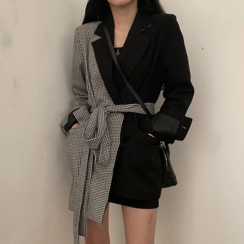 

Ins Style Autumn Design Split Joint Lattice Irregular Blazers Chalaza High Waist Long Fund Loose Coat Woman