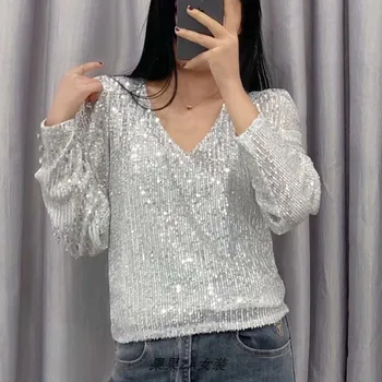 2020 New Spring Women Shirts Fashion Wild Casual Fashion Ladies Blouses and Tops Sequin V Neck Long Sleeve Women Clothing
2020 New Spring Women Shirts Fashion Wild Casual Fashion Ladies Blouses and Tops Sequin V Neck Long Sleeve Women Clothing