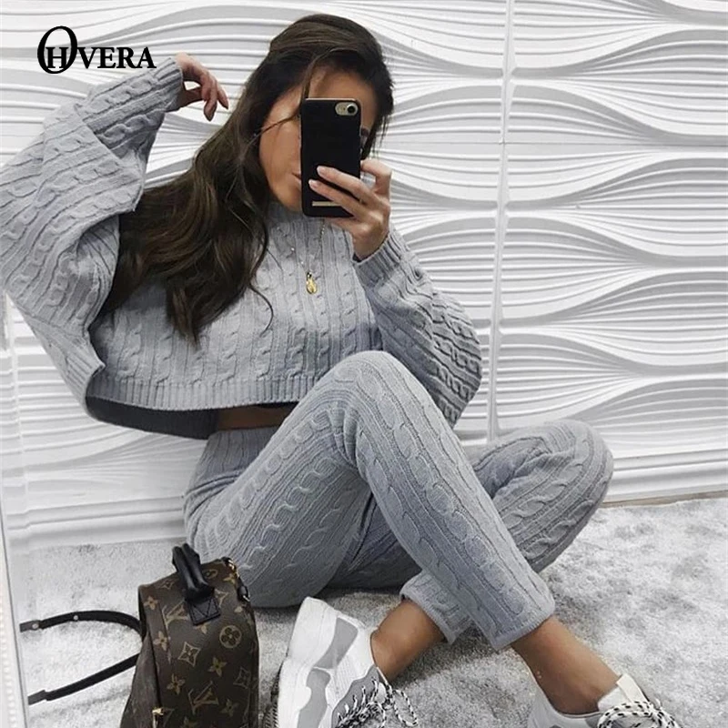 Knitted 2 Piece Set Women Long Sleeve Crop Tops And Long Pants Knitted 2 Piece Set Women Long Sleeve Crop Tops And Long Pants