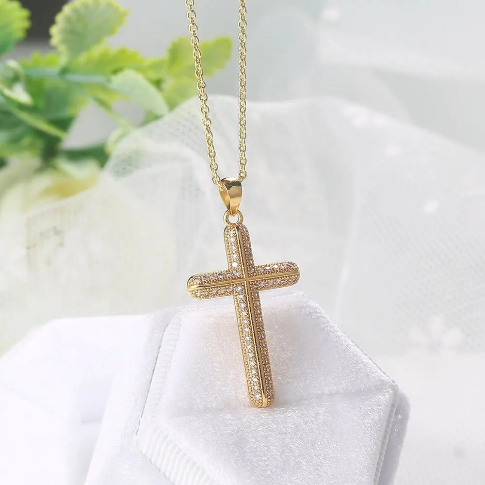 MxGxFam Mircon Zircon Cross Pendant Necklace For Women 14 k Light Yellow Gold Color Fashion Jewelry with 45cm Chain | Украшения и