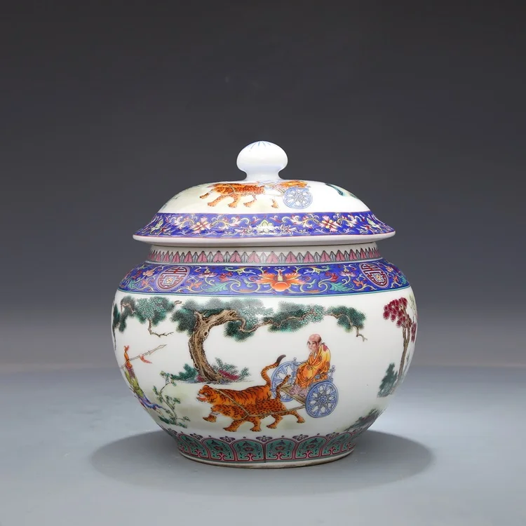 

Qianlong's Famille Rose Enamel Tea Jar Caddy Guiguzi Goes Down The Mountain Tea Pot Jingdezhen Antique Porcelain Jar Collection