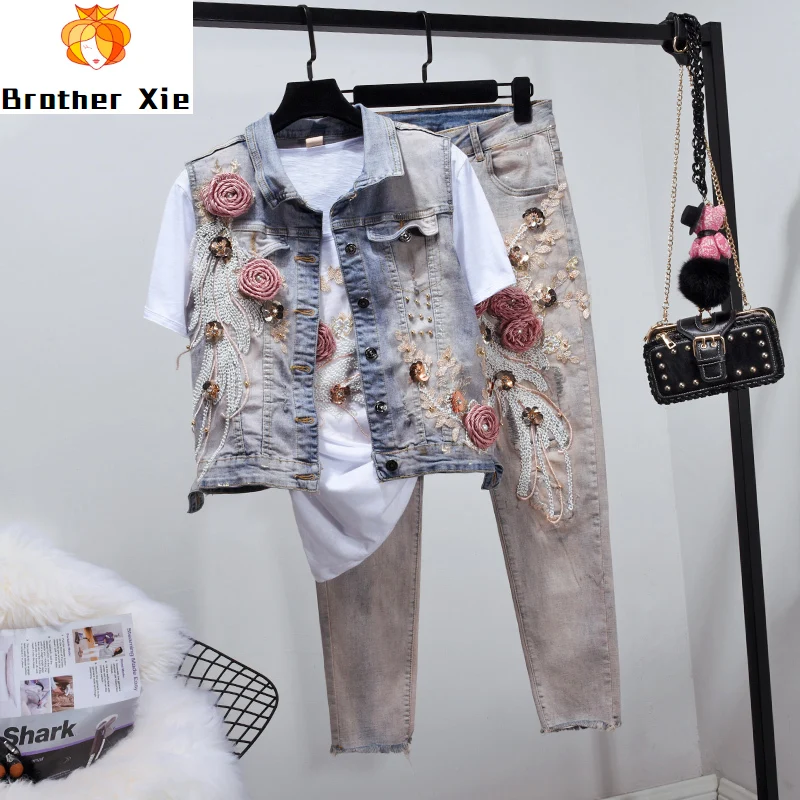 2020 Spring Summer New Jeans Set Women's Two Piece Sets Sequined Embroidered Denim Waistcoat + Slim Jeans Plus Size Shorts Suit
2020 Spring Summer New Jeans Set Women's Two Piece Sets Sequined Embroidered Denim Waistcoat + Slim Jeans Plus Size Shorts Suit