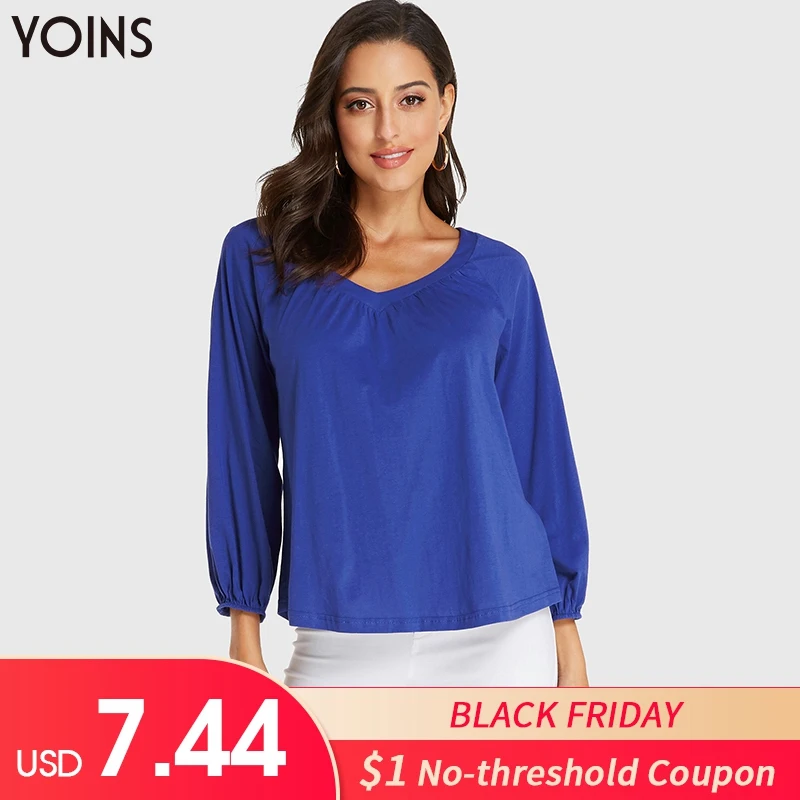 

YOINS Women Blouse Shirt 2019 Autumn Spring Ladies Cotton Sexy V Neck Long Sleeves Casual Solid Tops Elegant Blusas Femininas