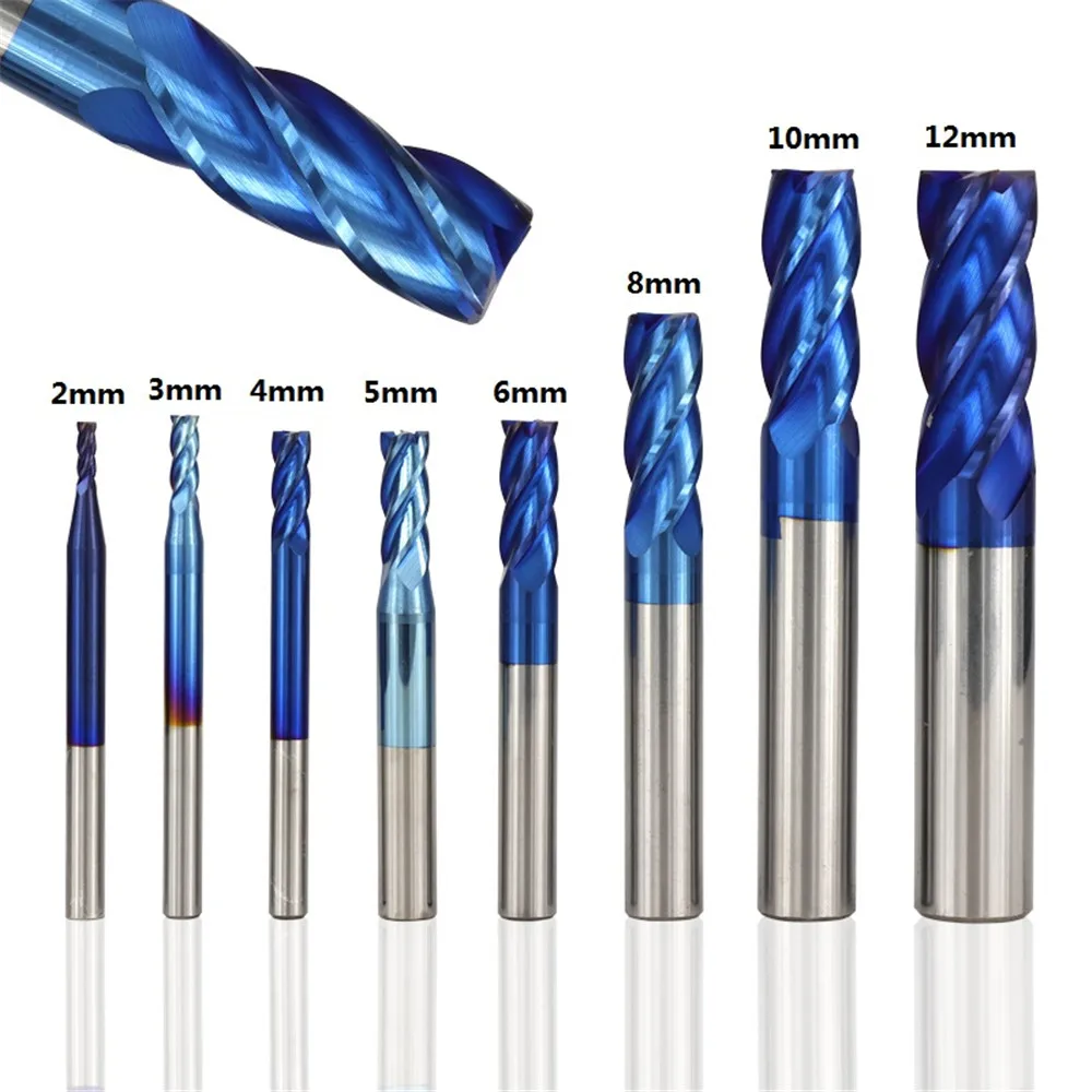 

8pcs 2-12mm nano blue coated carbide hrc milling cutter 50 cnc router bit 4 flute spiral end tools