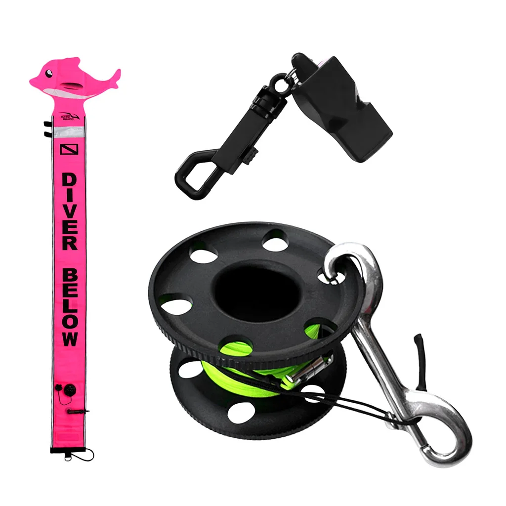 Scuba Diving SMB Surface Marker Buoy Diver Below Signal Tube + Finger Spool Reel + Emergency Rescue Whistle
Scuba Diving SMB Surface Marker Buoy Diver Below Signal Tube + Finger Spool Reel + Emergency Rescue Whistle