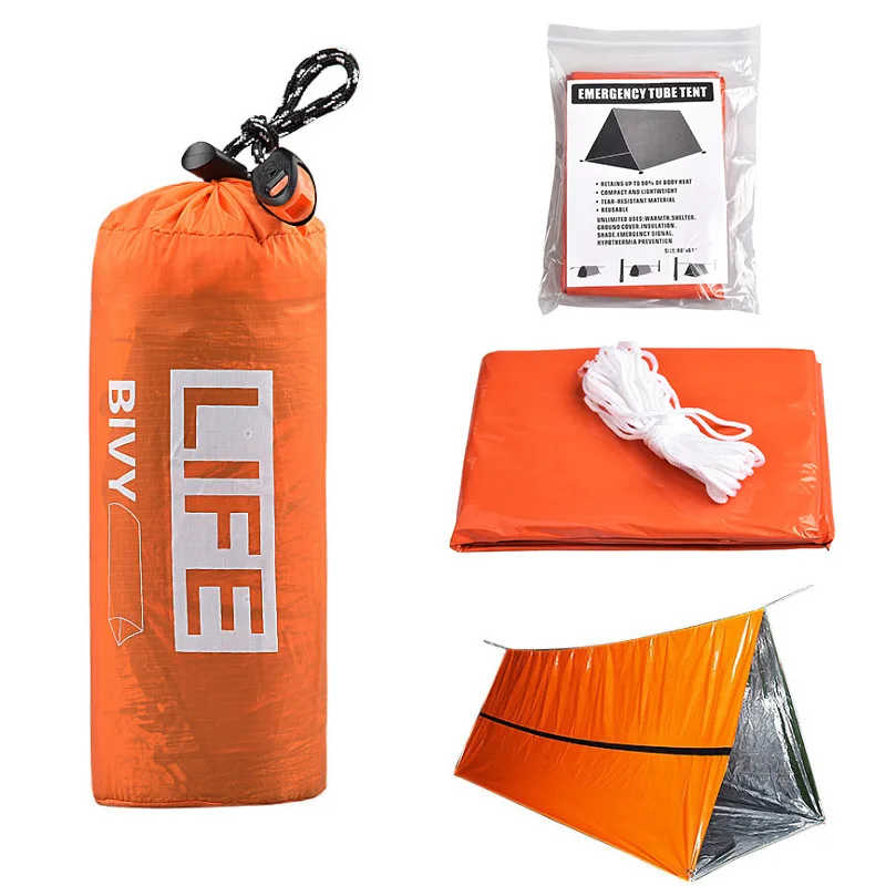 

2Person Emergency Shelter Waterproof Thermal Blanket Rescue Survival Kit SOS Sleeping Bag Survival Tube Emergency Tent w Whistle