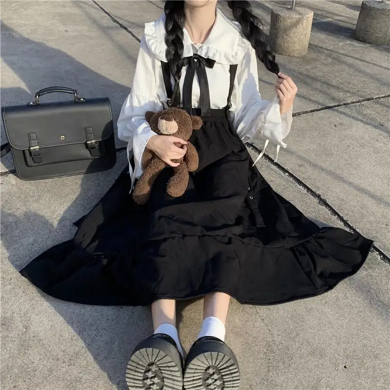 HOUZHOU-Falda larga de Lolita gótica para mujer, prenda de cintura alta con volantes, estilo Kawaii japonés, línea A, negra, suave, Harajuku, otoño