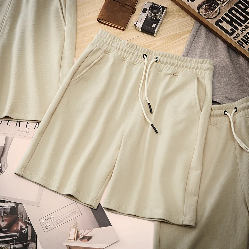 

98011 Men Shorts Vintatge Casual Simple Sport Jogger Mid-Rise Light Camel Straight Drawstring Stretch Waist Knee-Length Pants