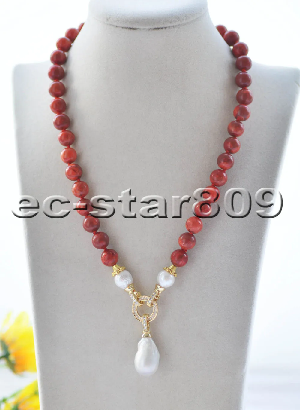 

Z10122 19" Round Red Grass-Coral White Keshi Pearl Choker Necklace Pendant CZ