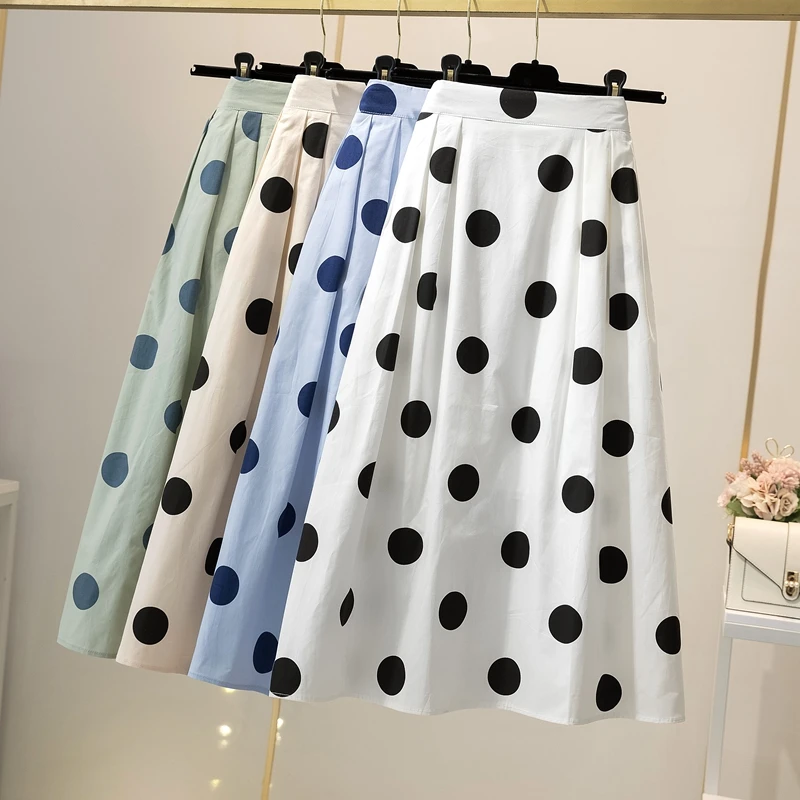 Korean Sweet Polka Dotted A-line Pleated Cotton Calf Long Skirts with Side Pockets Green Blue Beige
Korean Sweet Polka Dotted A-line Pleated Cotton Calf Long Skirts with Side Pockets Green Blue Beige