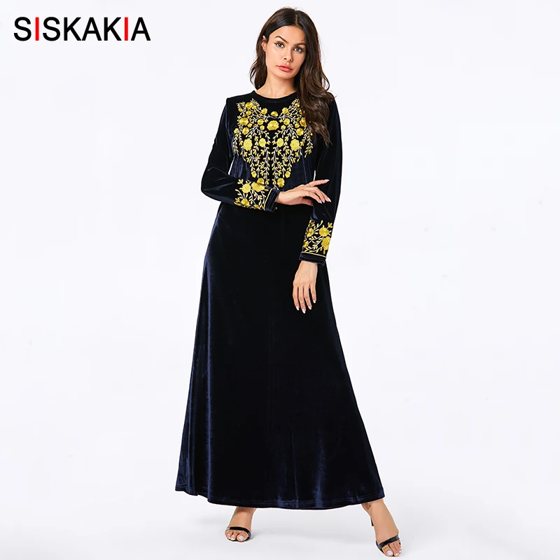 

Siskakia Muslim Long Dress Velvet Floral Embroidery Long Sleeve Dresses Brief O Neck Plus Size Arabian Clothes Navy Autumn 2019
