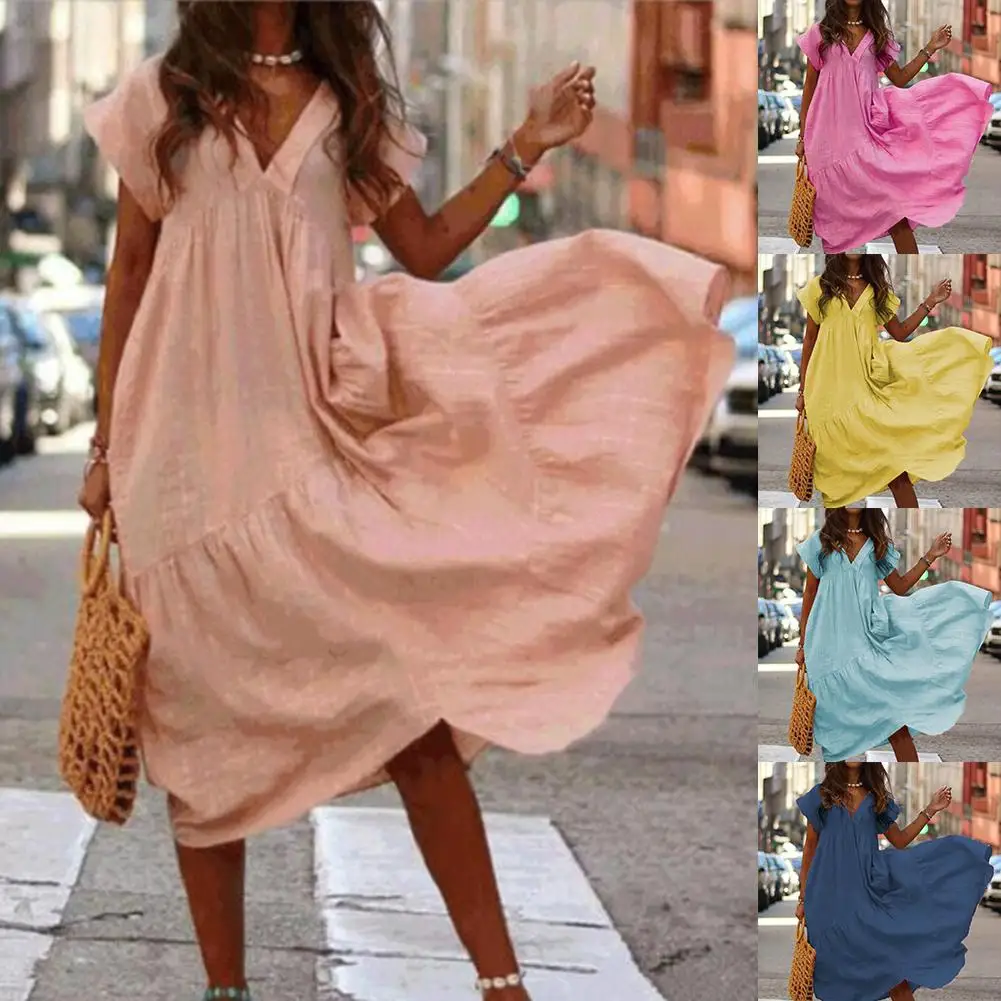 New Solid Color Women V Neck Short Sleeve Casual Summer Loose Irregular Maxi Dress
New Solid Color Women V Neck Short Sleeve Casual Summer Loose Irregular Maxi Dress