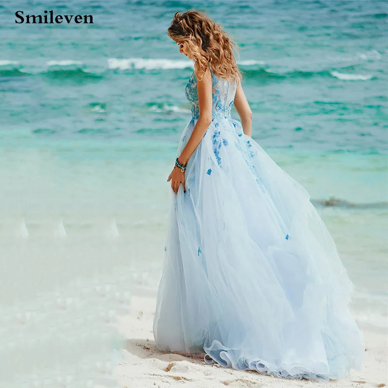 Smileven Blue Beach Wedding Dresses Scoop Neck Appliques Lace Bride Dress Appliqued Boho Wedding Gown robe de mariee 
Smileven Blue Beach Wedding Dresses Scoop Neck Appliques Lace Bride Dress Appliqued Boho Wedding Gown robe de mariee