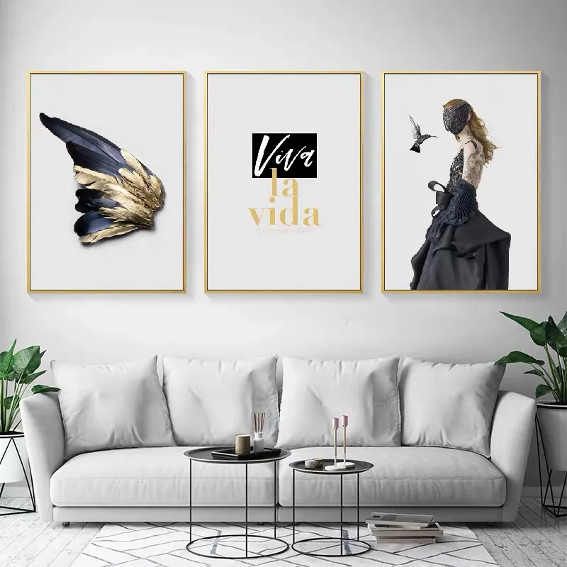 

Modern Art Canvas Painting Mask Women Poster Lips Feathers Birds Posters and Prints Nordic Wall Art Pictures For Living Room