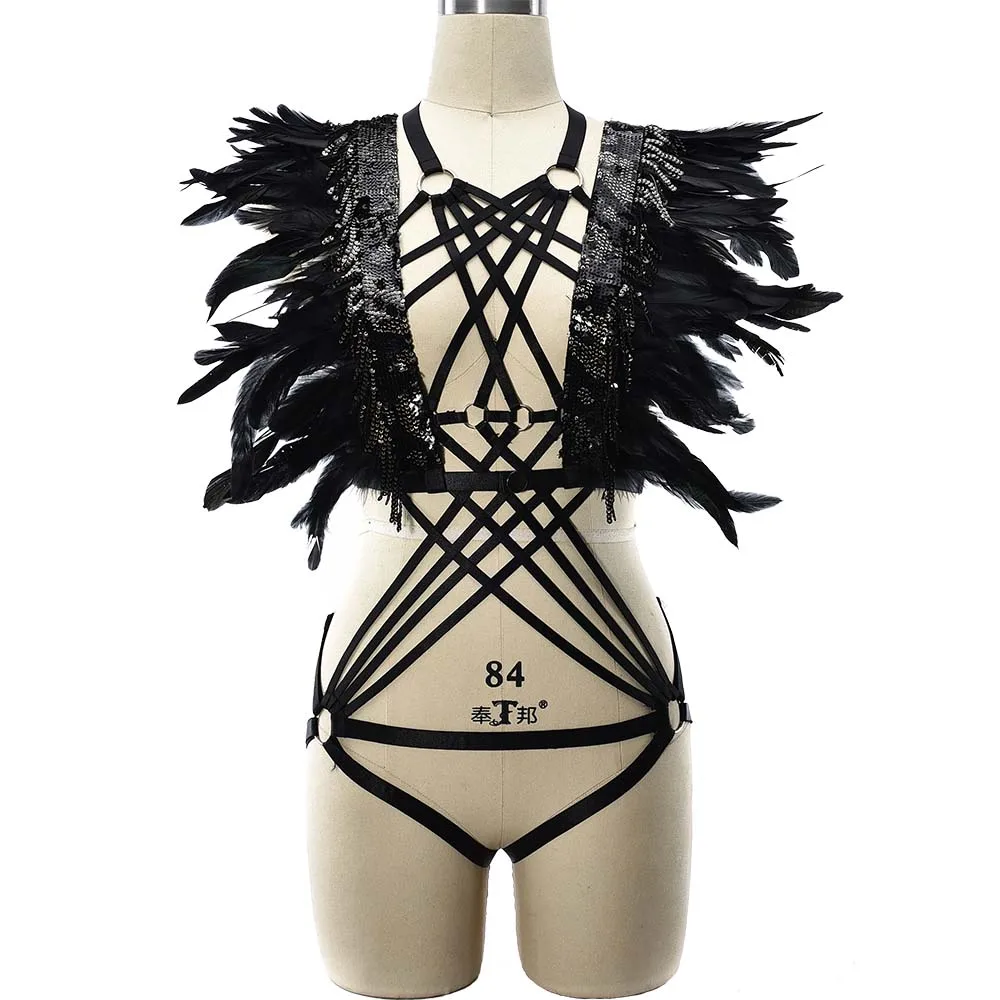 Goth Harness Clothes Black Feather Bodysuit Sexy Lingerie Jumpsuit Bondage Body Cage Bra Hollow Thong Sequins Body Harness
Goth Harness Clothes Black Feather Bodysuit Sexy Lingerie Jumpsuit Bondage Body Cage Bra Hollow Thong Sequins Body Harness