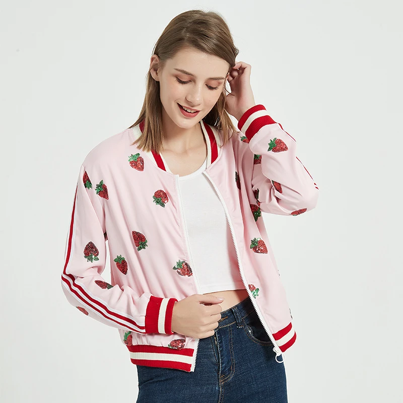 Women Strawberry Coat Autumn Casual Jacket Female Outwear Long Sleeve Tops Ladies New Fashion Design Sequins Jacket Coat 
Women Strawberry Coat Autumn Casual Jacket Female Outwear Long Sleeve Tops Ladies New Fashion Design Sequins Jacket Coat