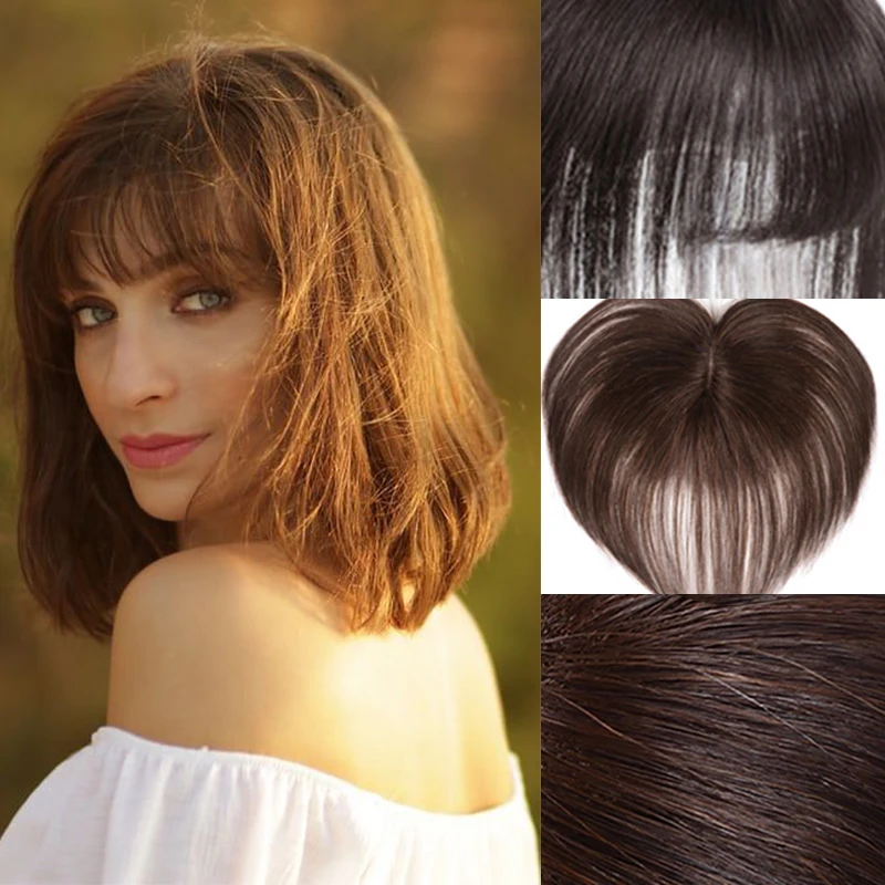 LUPU Black Brown Straight Toupee With Bangs Synthetic Topper Hairpiece Clip In Hair Extensions Black Brown For Women