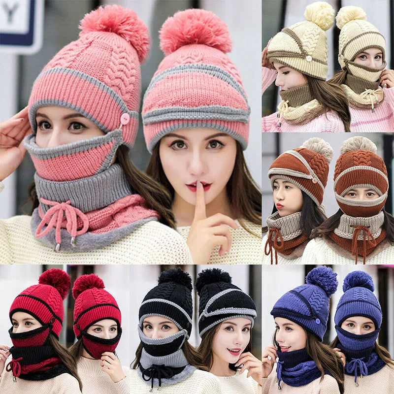 Hot Women Knitted Beanie Scarf Hat Face Mask Set Snood Neck Winter Pompom Cap Thicken CGU 88 | Аксессуары для одежды