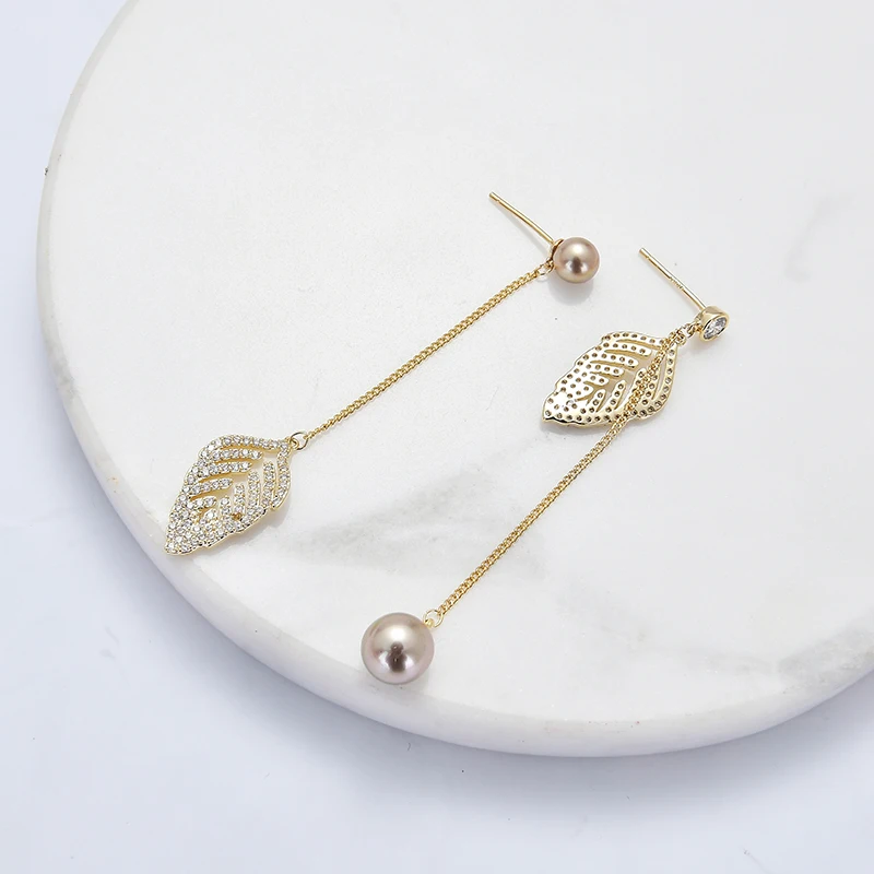 

Trendy Crystal Pearl Women Dangle Earrings Shiny 3A Zircon Fashion Drop Earrings Asymmetric Leaves Long Female Jewelry
