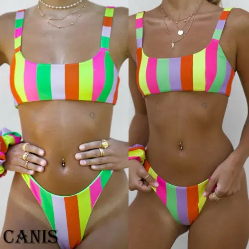 Женское Бразильское бикини Летний полосатый купальник пляжная одежда