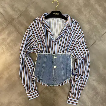 2020 Spring New Lapel Long Sleeve Striped Shirt with Denim Waist Seal Two-piece Women
2020 Spring New Lapel Long Sleeve Striped Shirt with Denim Waist Seal Two-piece Women